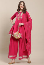 Load image into Gallery viewer, Magenta Pure Cambric Cotton Embroidered Kurta Set With Dupatta