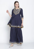 Navy Blue Pure Cambric Cotton Embroidered Kurta Set With Dupatta