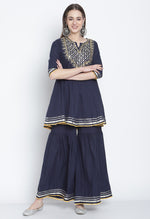 Load image into Gallery viewer, Navy Blue Pure Cambric Cotton Floral Embroidered Kurta Set With Dupatta
