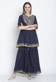 Navy Blue Pure Cambric Cotton Embroidered Kurta Set With Dupatta