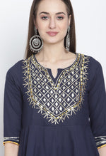 Load image into Gallery viewer, Navy Blue Pure Cambric Cotton Floral Embroidered Kurta Set With Dupatta