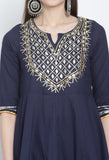 Navy Blue Pure Cambric Cotton Embroidered Kurta Set With Dupatta