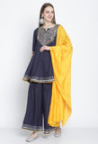 Navy Blue Pure Cambric Cotton Embroidered Kurta Set With Dupatta