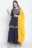 Navy Blue Pure Cambric Cotton Embroidered Kurta Set With Dupatta