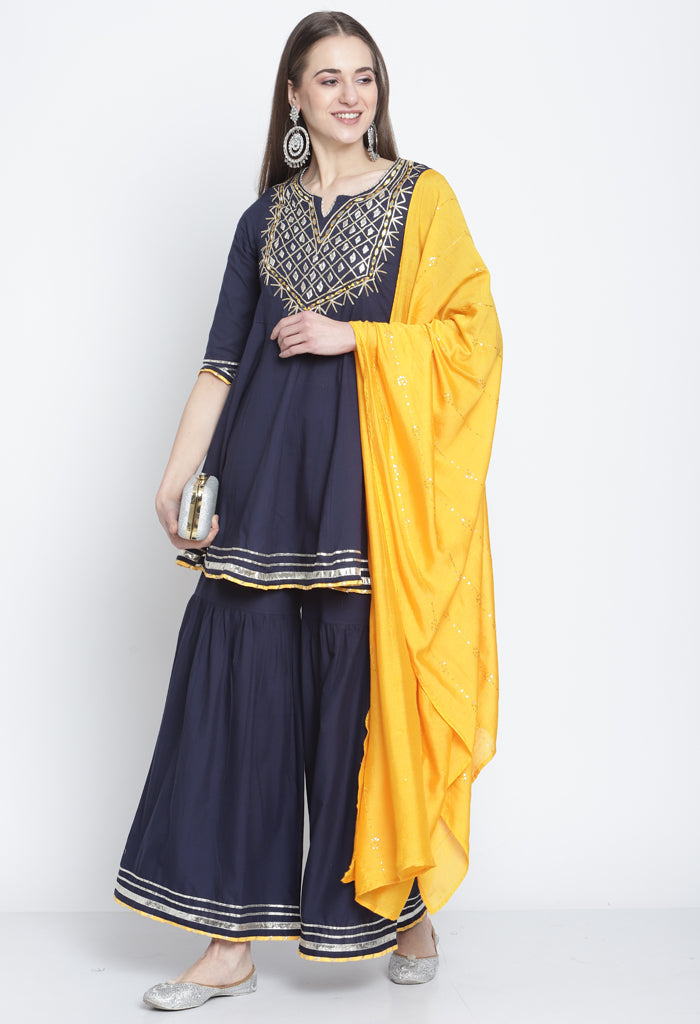 Navy Blue Pure Cambric Cotton Embroidered Kurta Set With Dupatta