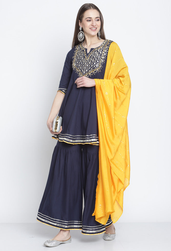 Navy Blue Pure Cambric Cotton Floral Embroidered Kurta Set With Dupatta