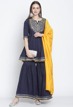Load image into Gallery viewer, Navy Blue Pure Cambric Cotton Floral Embroidered Kurta Set With Dupatta