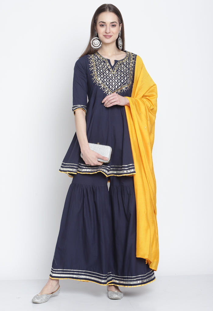 Navy Blue Pure Cambric Cotton Embroidered Kurta Set With Dupatta