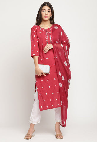 Magenta Pure Cambric Cotton Floral Embroidered Kurta Set With Dupatta