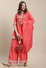 Load image into Gallery viewer, Peach Pure Cambric Cotton Embroidered Kurta Set With Dupatta