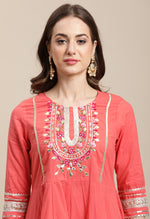 Load image into Gallery viewer, Peach Pure Cambric Cotton Embroidered Kurta Set With Dupatta