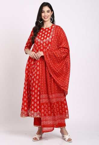 Red  Pure Cambric Cotton Embroidered Kurta Set With Dupatta
