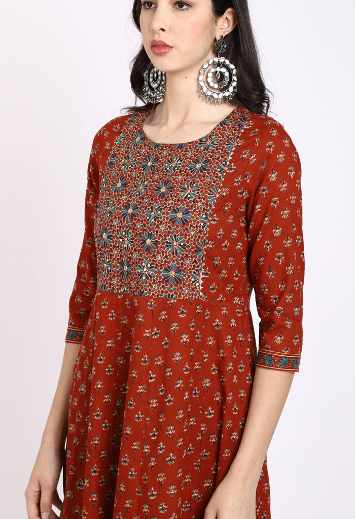 Brown Pure Cambric Cotton Floral Embroidered Kurta Set With Dupatta