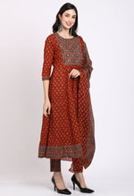 Load image into Gallery viewer, Brown Pure Cambric Cotton Floral Embroidered Kurta Set With Dupatta
