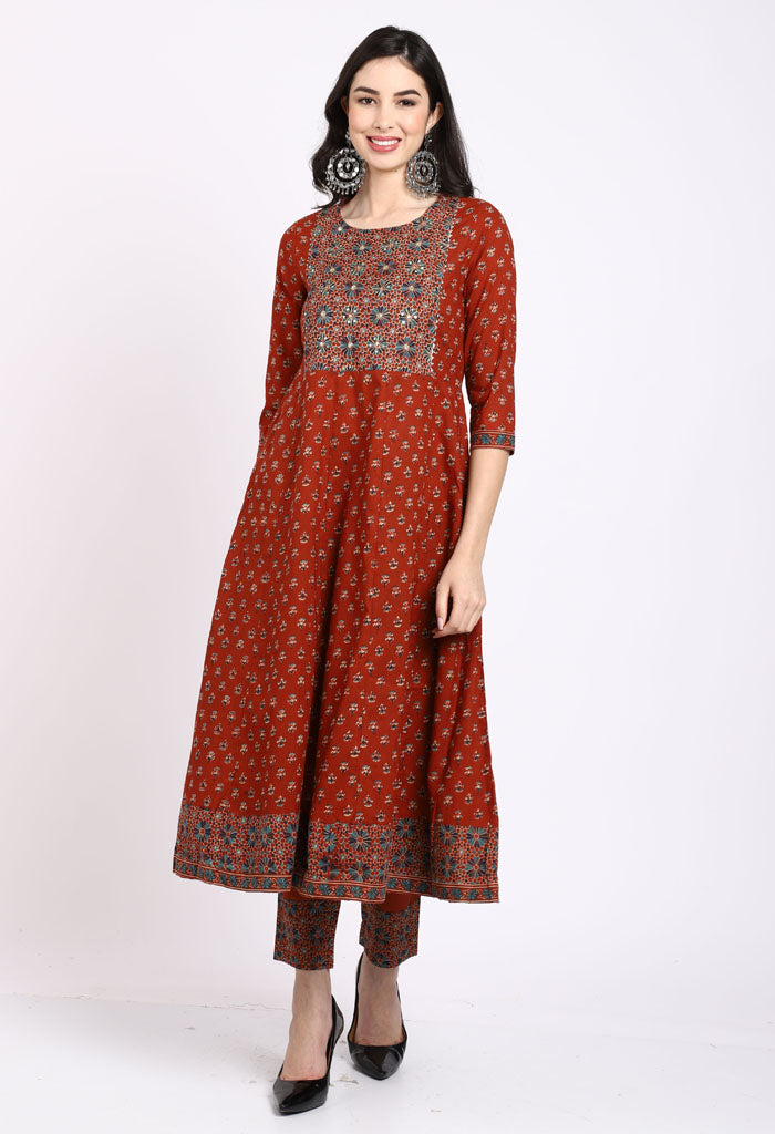 Brown Pure Cambric Cotton Floral Embroidered Kurta Set With Dupatta