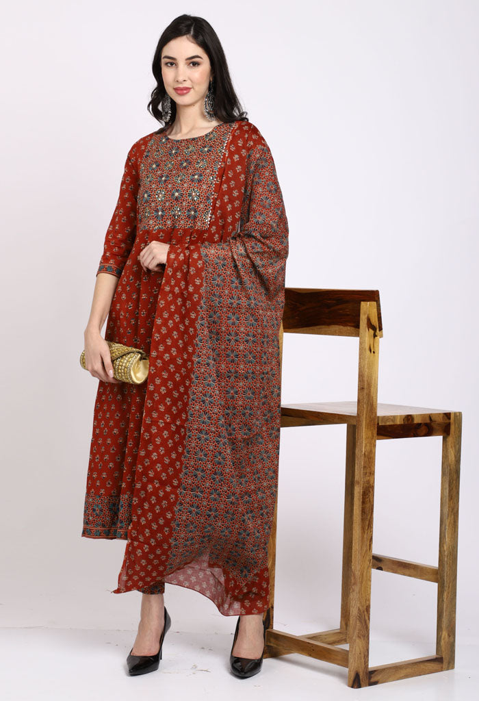 Brown Pure Cambric Cotton Floral Embroidered Kurta Set With Dupatta
