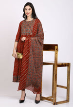 Load image into Gallery viewer, Brown Pure Cambric Cotton Floral Embroidered Kurta Set With Dupatta
