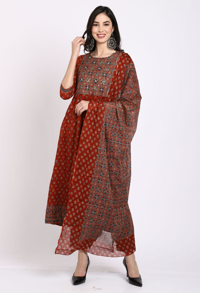 Brown Pure Cambric Cotton Floral Embroidered Kurta Set With Dupatta