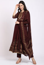 Load image into Gallery viewer, Wine Pure Cambric Cotton Floral Printed Kurta Set With Dupatta