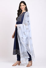 Load image into Gallery viewer, Navy Blue Rayon Floral Embroidered Kurta Set With Dupatta
