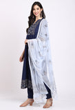 Navy Blue Rayon Floral Embroidered Kurta Set With Dupatta