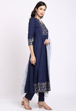 Load image into Gallery viewer, Navy Blue Rayon Floral Embroidered Kurta Set With Dupatta

