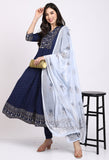 Navy Blue Rayon Floral Embroidered Kurta Set With Dupatta