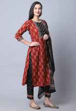 Load image into Gallery viewer, Brown &amp; Black  Pure Cambric Cotton Jaipuri Printed Kurta Set With Dupatta

