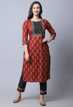 Load image into Gallery viewer, Brown &amp; Black  Pure Cambric Cotton Jaipuri Printed Kurta Set With Dupatta
