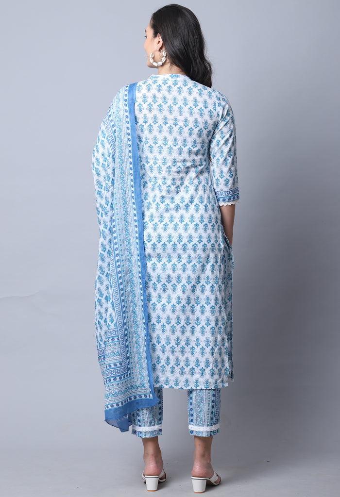 Sky Blue Pure Cambric Cotton Jaipuri Printed Kurta Set With Dupatta