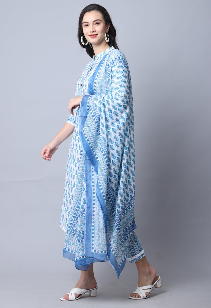 Sky Blue Pure Cambric Cotton Jaipuri Printed Kurta Set With Dupatta
