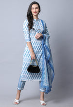 Load image into Gallery viewer, Sky Blue Pure Cambric Cotton Jaipuri Printed Kurta Set With Dupatta
