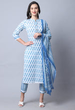 Load image into Gallery viewer, Sky Blue Pure Cambric Cotton Jaipuri Printed Kurta Set With Dupatta
