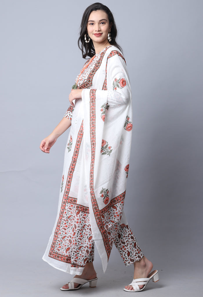 White Pure Cambric Cotton Jaipuri Printed Kurta Set With Dupatta