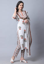 Load image into Gallery viewer, White Pure Cambric Cotton Jaipuri Printed Kurta Set With Dupatta