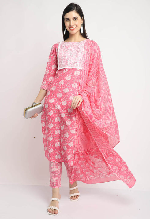 Pure Cambric Cotton Embroidered Kurta Set With Dupatta