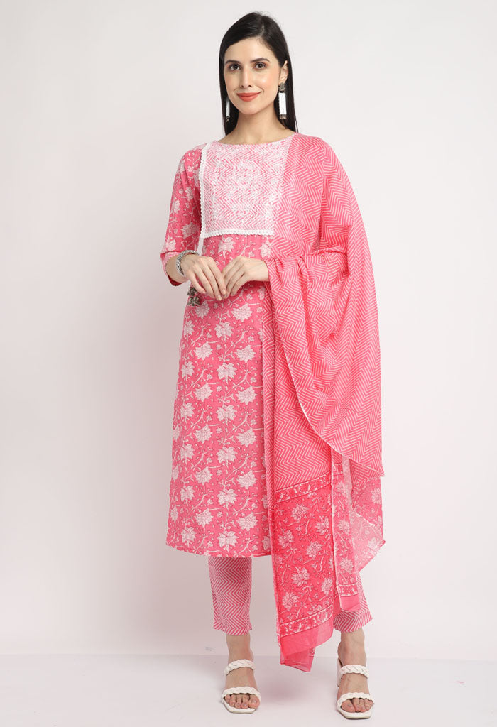 Pure Cambric Cotton Embroidered Kurta Set With Dupatta