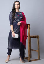 Load image into Gallery viewer, Navy Blue Pure Cambric Cotton Embellished Kurta Set With Dupatta