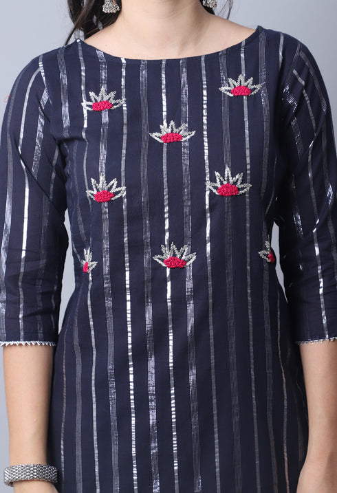 Navy Blue Pure Cambric Cotton Embellished Kurta Set With Dupatta