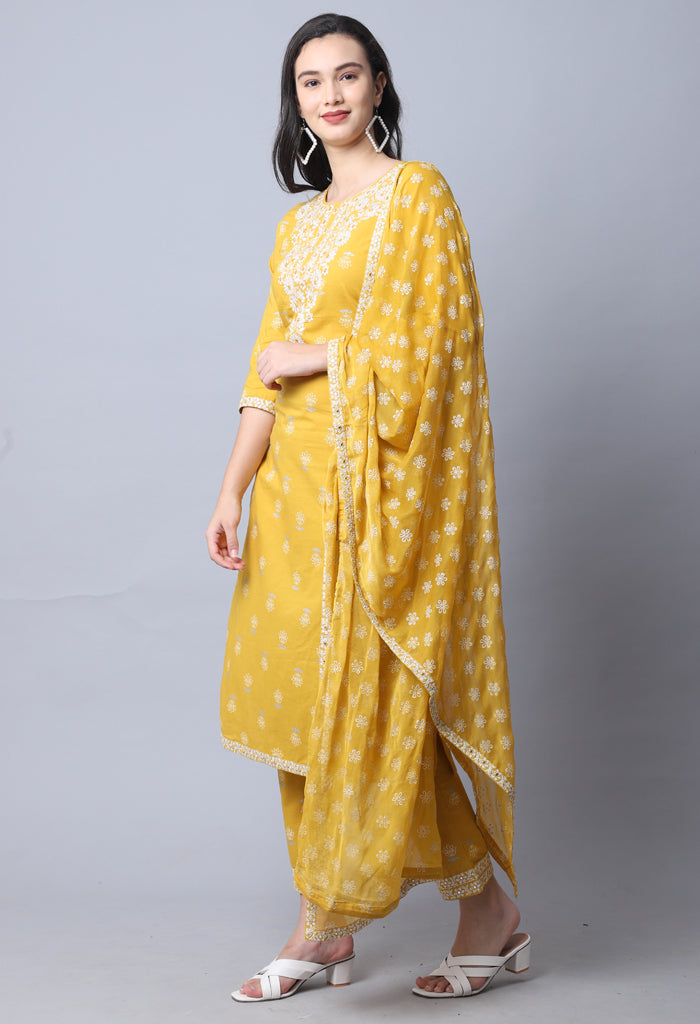Yellow Pure Cambric Cotton Embroidered Kurta Set With Dupatta