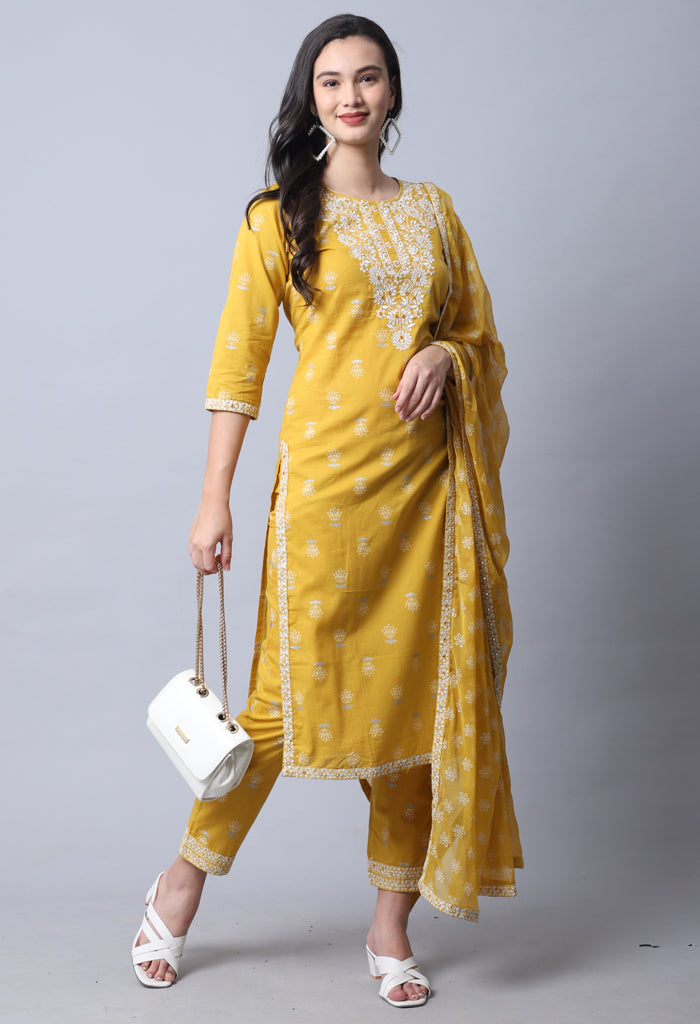 Yellow Pure Cambric Cotton Embroidered Kurta Set With Dupatta