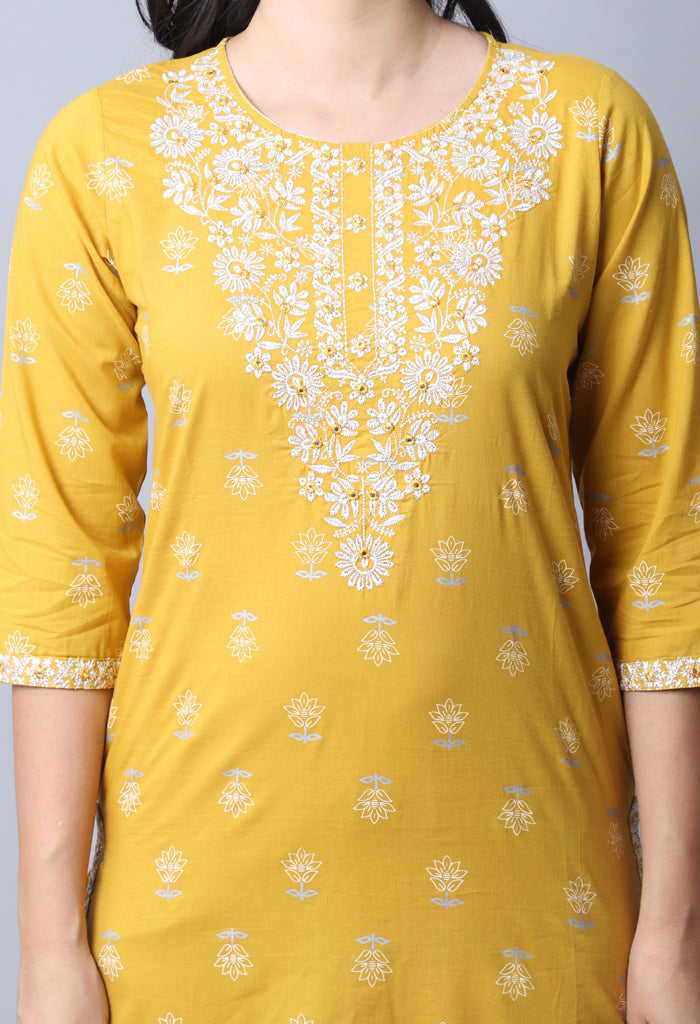 Yellow Pure Cambric Cotton Embroidered Kurta Set With Dupatta