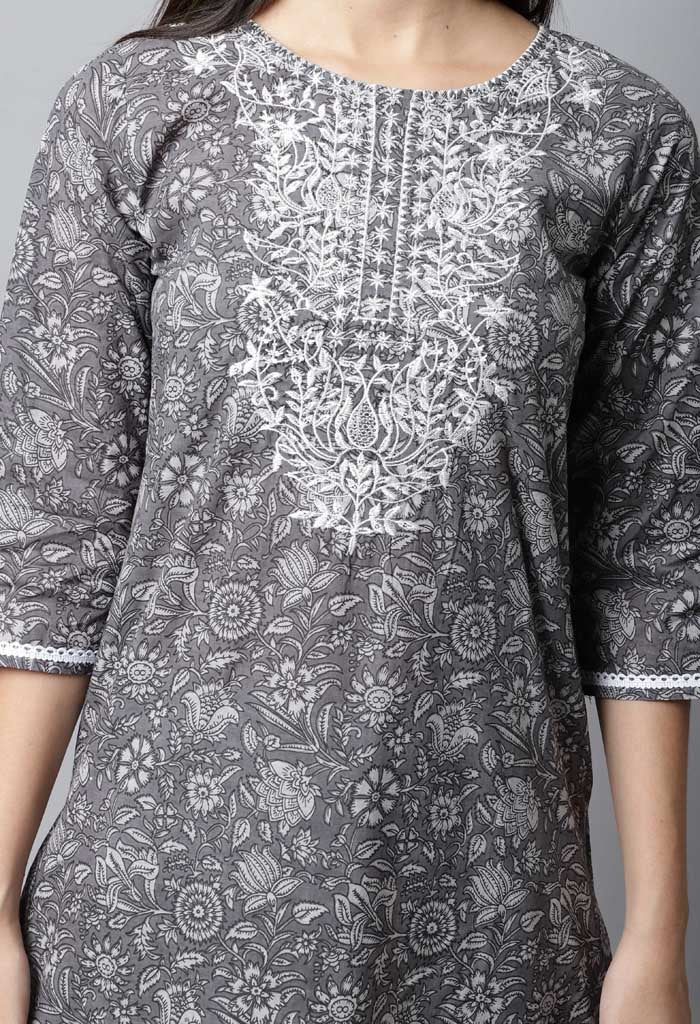 Pure Cambric Cotton Floral Jaipuri Printed & Embroidered Kurta Set With Dupatta