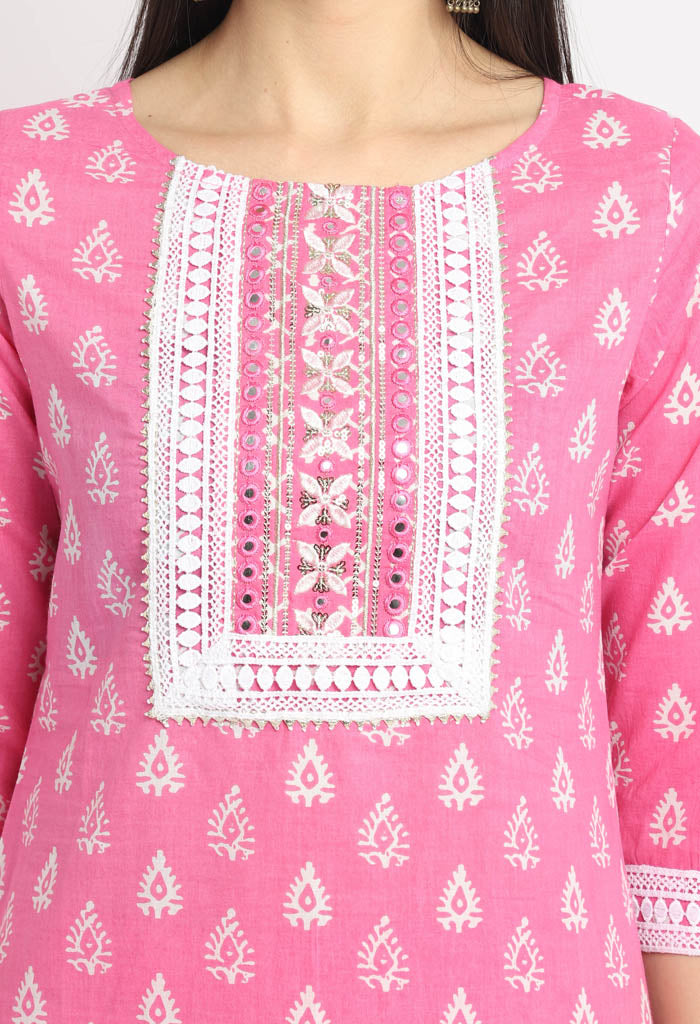 Pure Cambric Cotton Jaipuri Printed & Embroidered Kurta Set With Dupatta