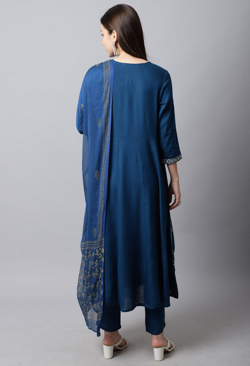 Rayon Slub  Embroidered Kurta Set With Dupatta