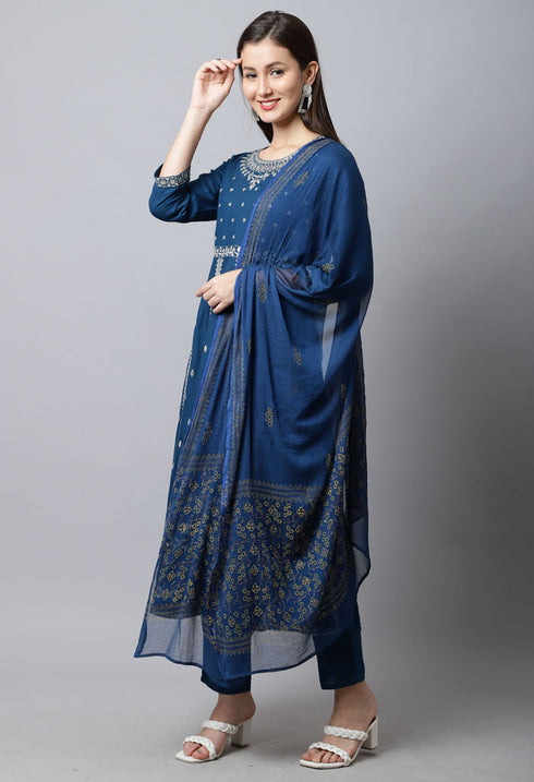 Rayon Slub  Embroidered Kurta Set With Dupatta
