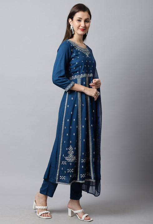 Rayon Slub  Embroidered Kurta Set With Dupatta