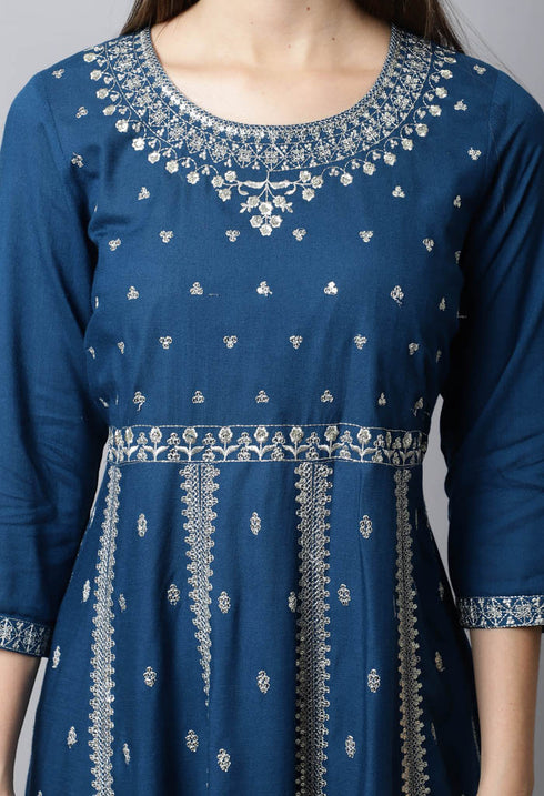 Rayon Slub  Embroidered Kurta Set With Dupatta