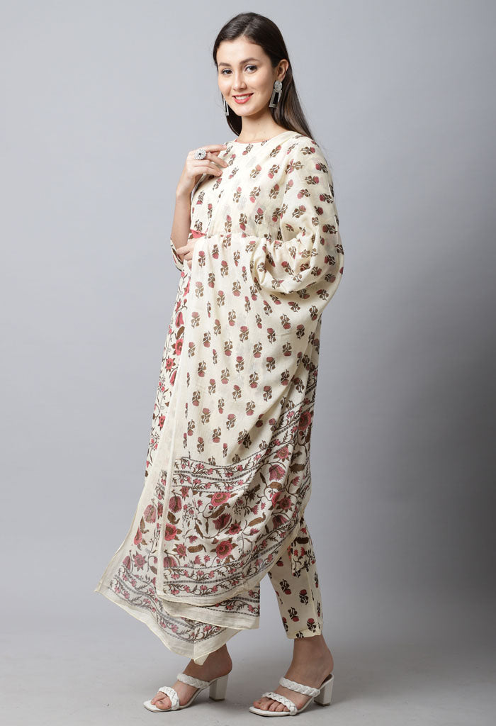 Pure Cambric Cotton Jaipuri Printed Kurta Set With Dupatta