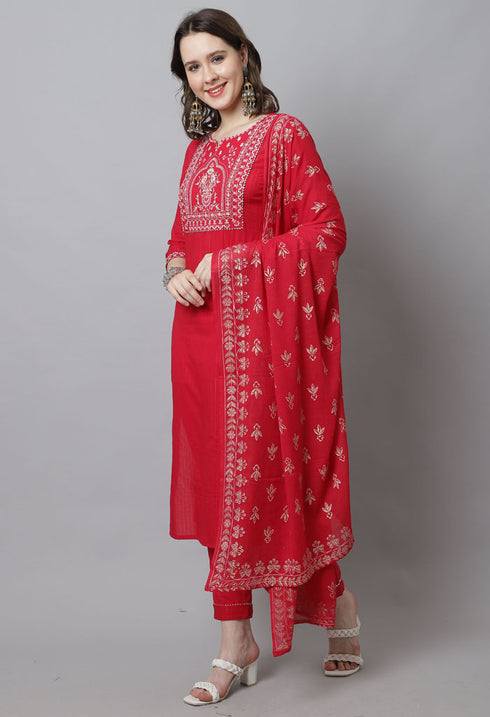 Pure Cotton Zari Weaving And  Embroidered Kurta Set With Dupatta